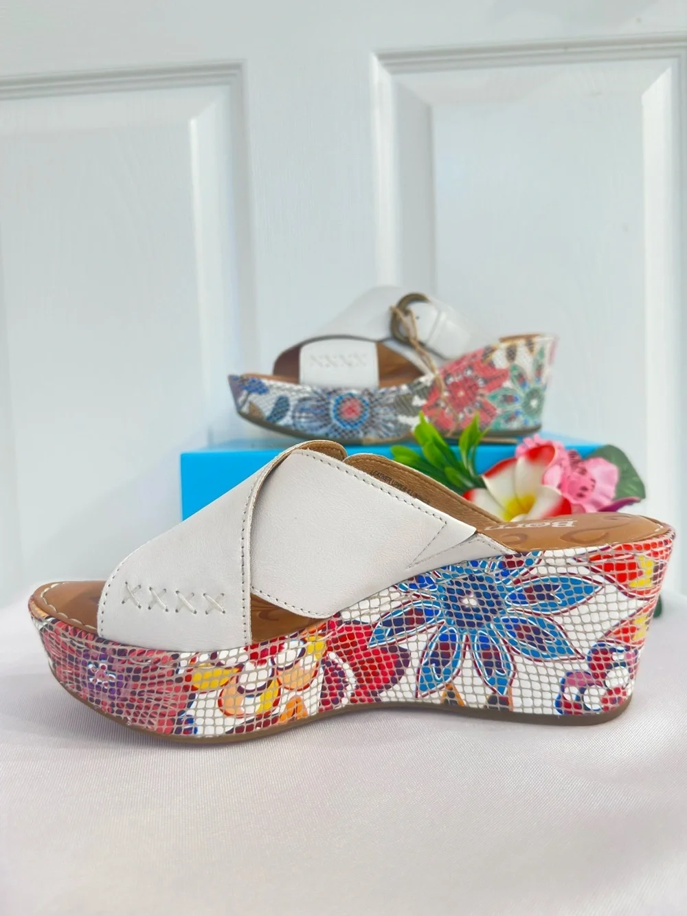 White Slip-On Platform Wedge Sandals w/Brass Buckles and Floral Mosaic Design